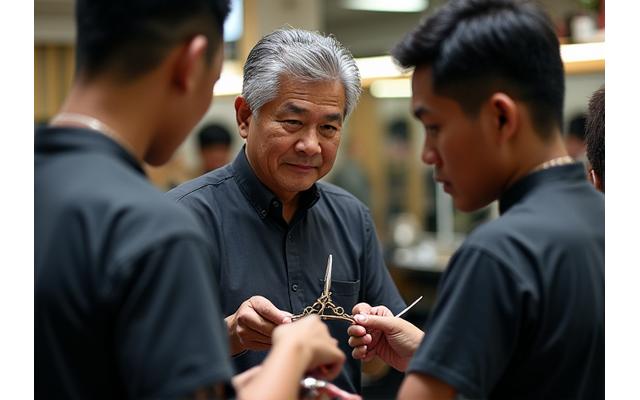 David Lee, Co-founder and Head Educator, demonstrating a complex barbering technique to a group of apprentices.