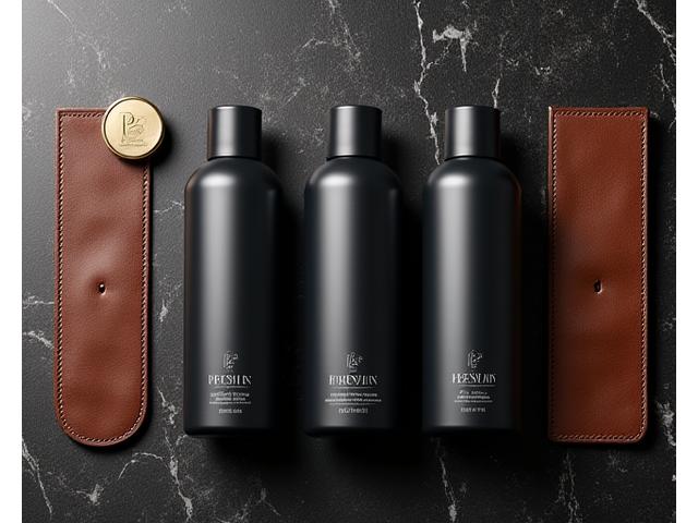 High-end men's grooming products specifically for color-treated hair, arranged elegantly on a dark wood surface